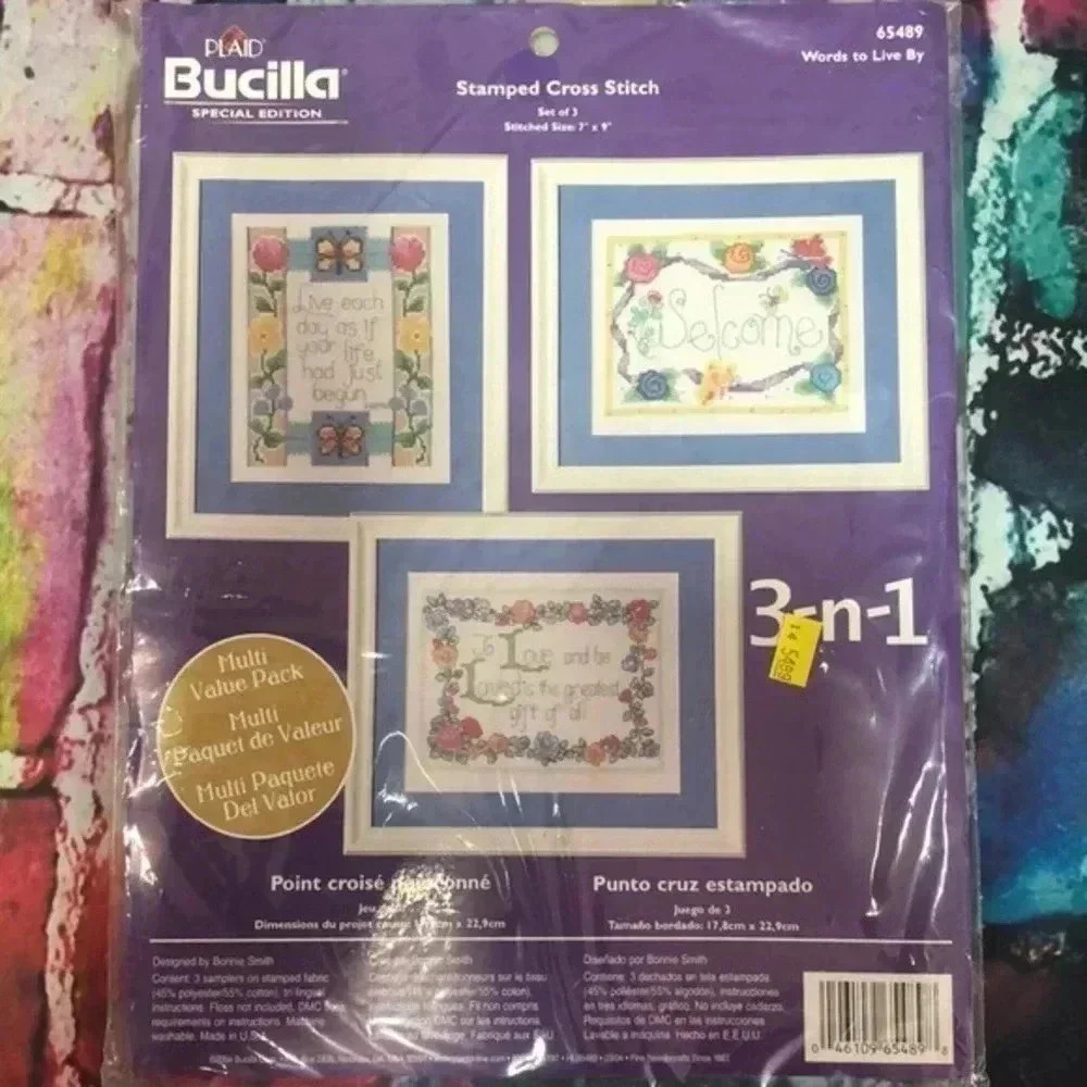 Plaid Bucilla words‎ to live by stamped cross stitch 3 pack